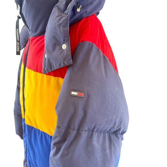 Tommy Jeans Colorblock Long Puffer Coat Red Yellow Blue Navy Size M - Picture 7 of 13